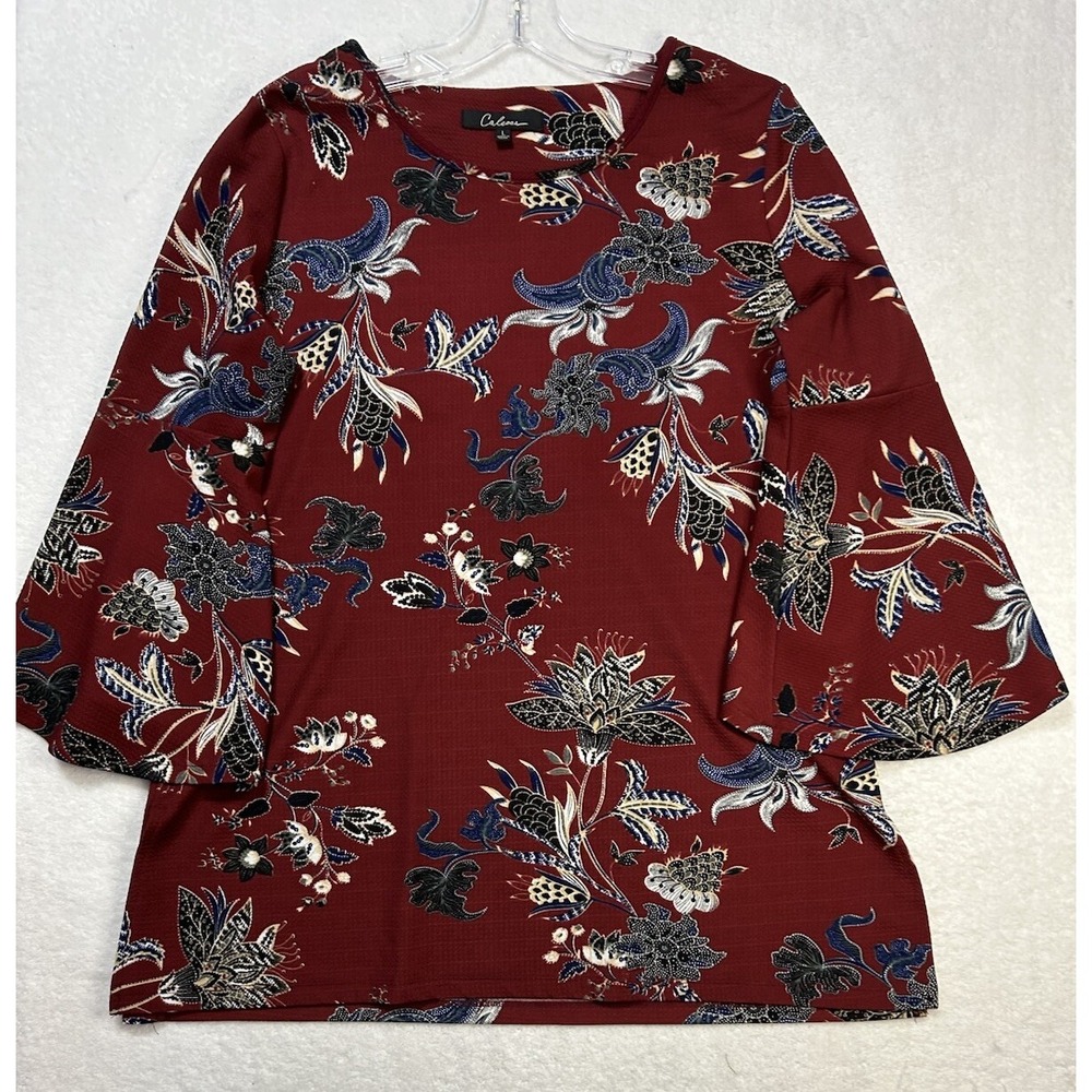 Calessa Womens Size L Red Printed 3/4 Sleeve Pullover Blouse Top (M8)
